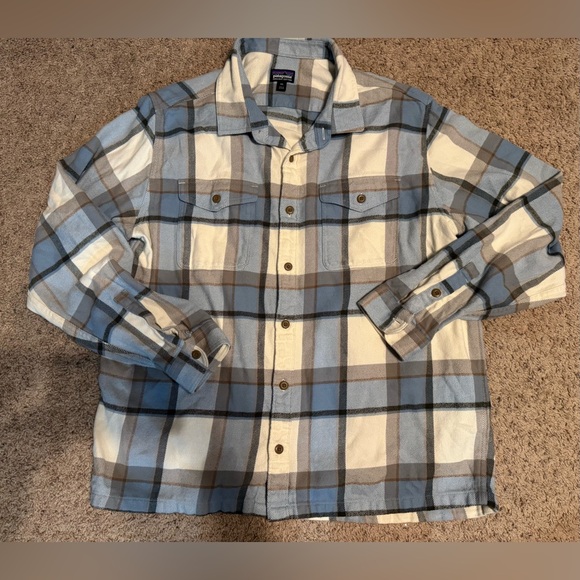 Patagonia Fjord Flannel Shirt Men’s XXL Blue Brown Cream Plaid Winter Hiking - Picture 3 of 6
